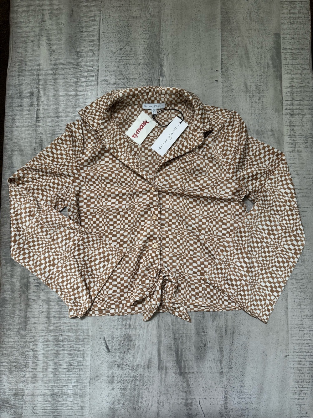 Maison d’Amélie Checkered Tie Front Blouse NWT Brown Cream Long Sleeve